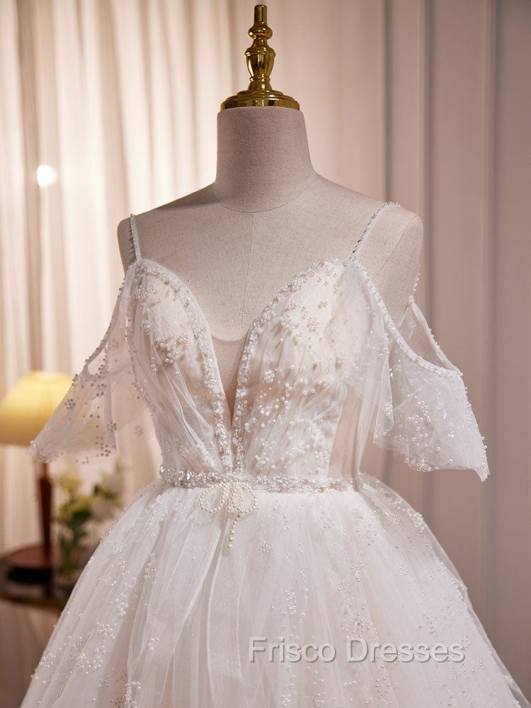 Beige A-line Tulle Beading Long Formal Prom Dress, Beige Formal Dress