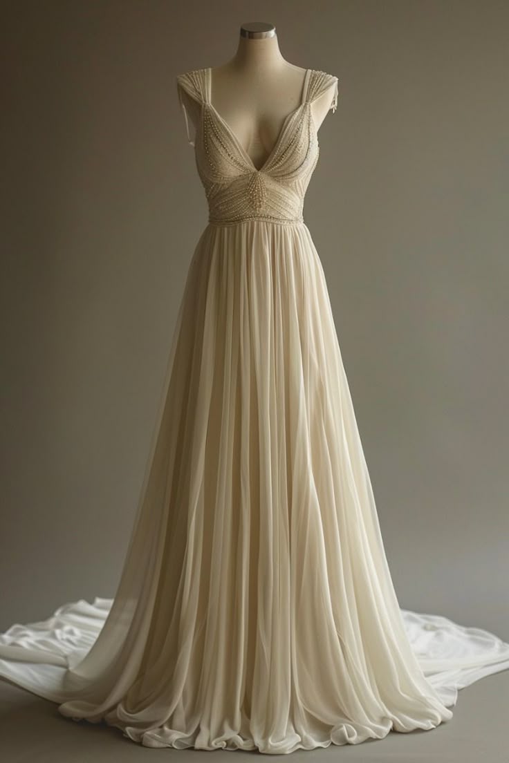 Off-White A-Line V-Neck Chiffon Beaded Long Prom Dress Simple Wedding Dress Bridesmaid Dress Main image
