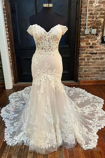 Beige Appliques Off-The-Shoulder Trumpet Long Wedding Dress Beautiful Main image