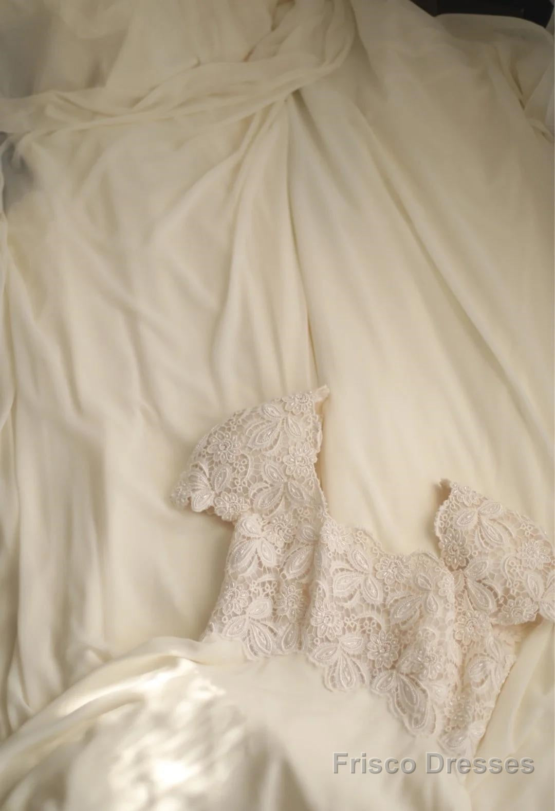 Beige Square Neck Chiffon Lace Empire Dress Long Prom Dress Beaded Wedding Dress