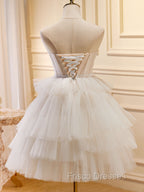 Beige Sweetheart Neck Tulle Puffy Short Formal Prom Dress, Beige Homecoming Dress