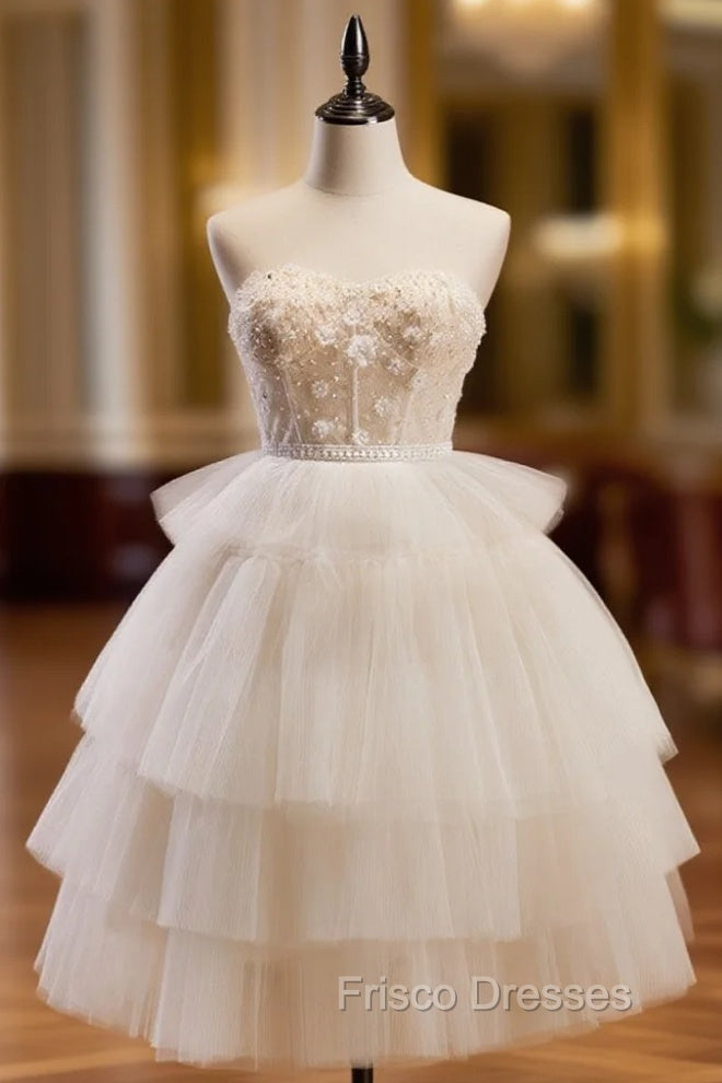 Beige Sweetheart Neck Tulle Puffy Short Formal Prom Dress, Beige Homecoming Dress