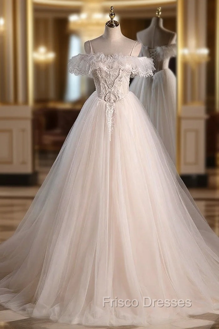 Beige Tulle Lace Spaghetti Straps Beading Wedding Dress Main image