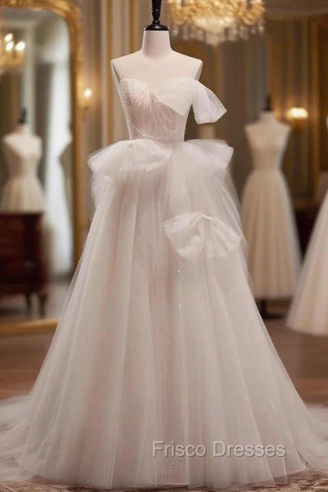 Beige Tulle Sequins Pleats Wedding Dress Main image