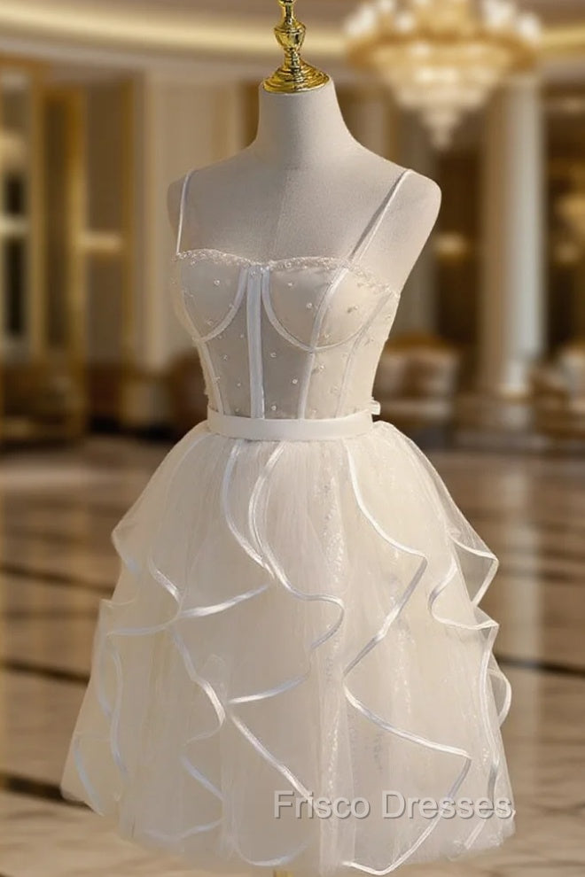 Beige Tulle Short Formal Prom Dress, Mini/Short Beige Homecoming Dress