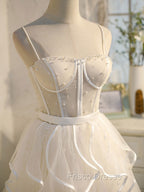 Beige Tulle Short Formal Prom Dress, Mini/Short Beige Homecoming Dress