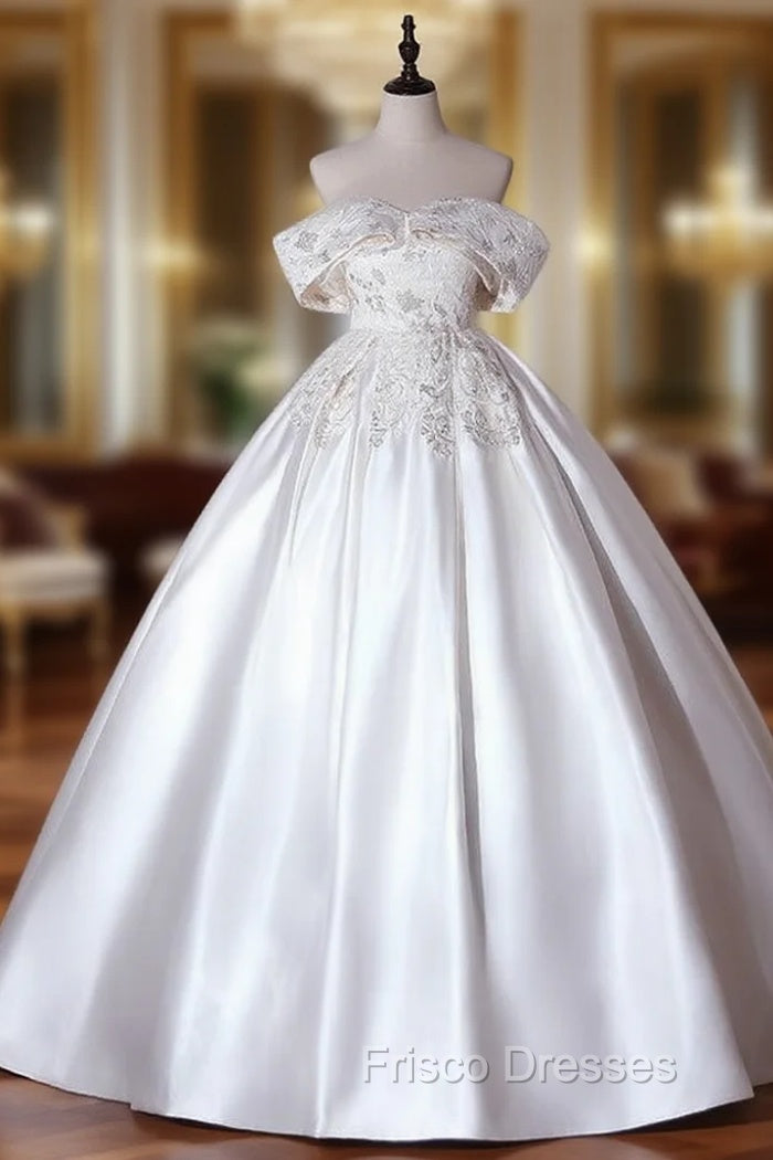 Beige White Satin Off the Shoulder Embroidery Quinceanera Dress Main image