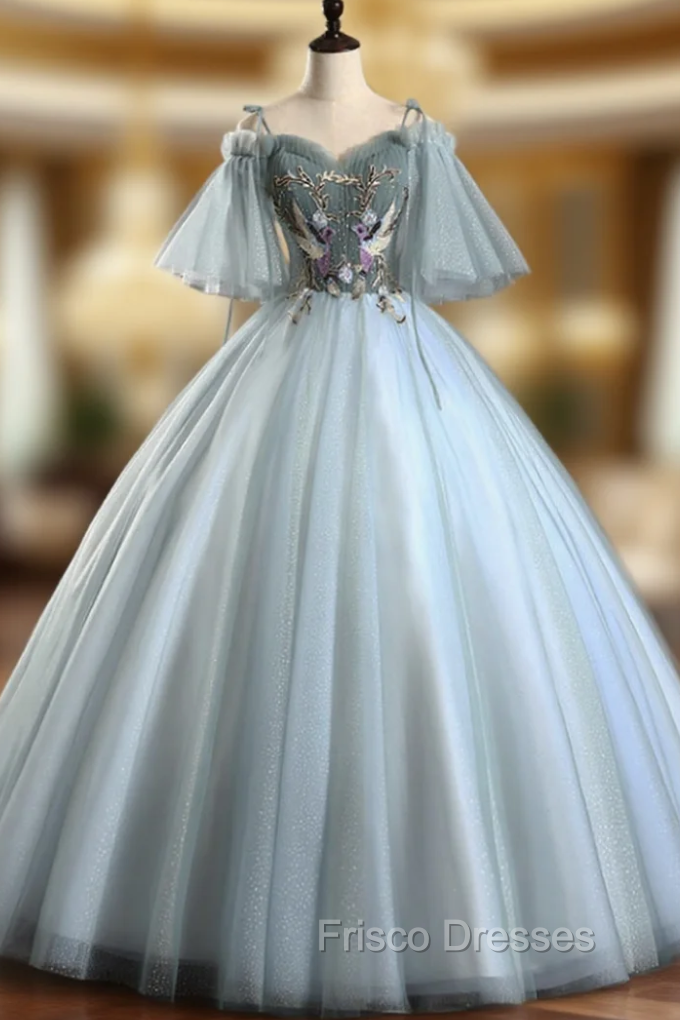 Best For You Light Blue Ball Gown Tulle Spagehtti Straps Short Sleeve Quinceanera Dress Main image