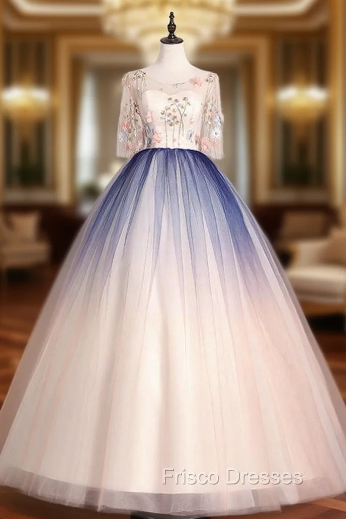 Best For You Pink Blue Ball Gown Tulle Embroidery Short Sleeve Quinceanera Dress Main image
