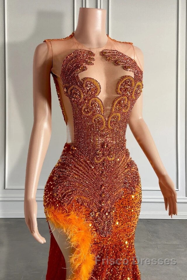 Mermaid Style Burnt Orange Sequins Formal Prom Dresses with Side Slit Long Length Beadings and Feathers Secondary image