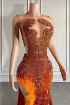 Mermaid Style Burnt Orange Sequins Formal Prom Dresses with Side Slit Long Length Beadings and Feathers