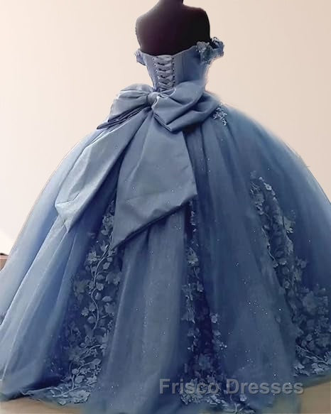 Big Bow Floral Flower Lace Applique Off Shoulder Ball Gown Quinceanera Dress