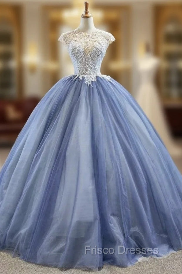 Biggest Sale Blue Ball Gown Tulle Cap Seeve Beading Long Formal Prom Dress