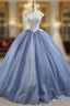 Biggest Sale Blue Ball Gown Tulle Cap Seeve Beading Long Formal Prom Dress