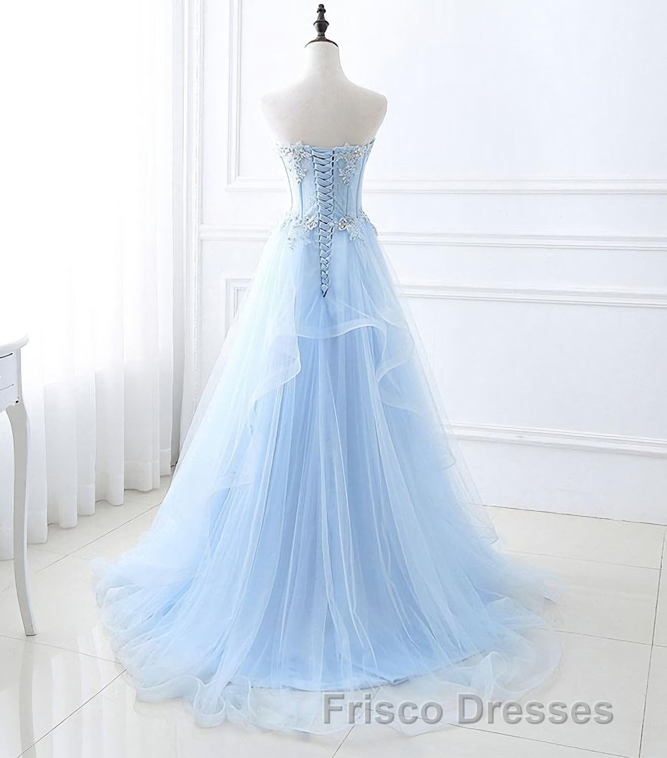 Light Blue Tulle Lace Long Formal Prom Dress, Formal Prom Dress