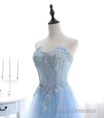 Light Blue Tulle Lace Long Formal Prom Dress, Formal Prom Dress