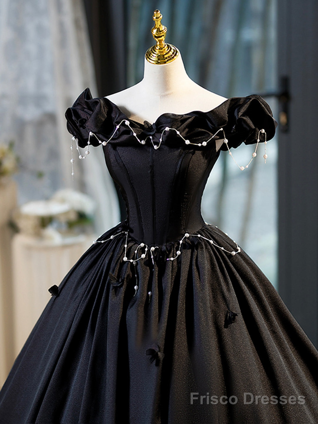 Black A-Line Floor Length Prom Dress With Pearl, Off The Shoulder Evening Party Dress Secondary image