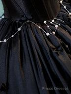Black A-Line Floor Length Prom Dress With Pearl, Off The Shoulder Evening Party Dress