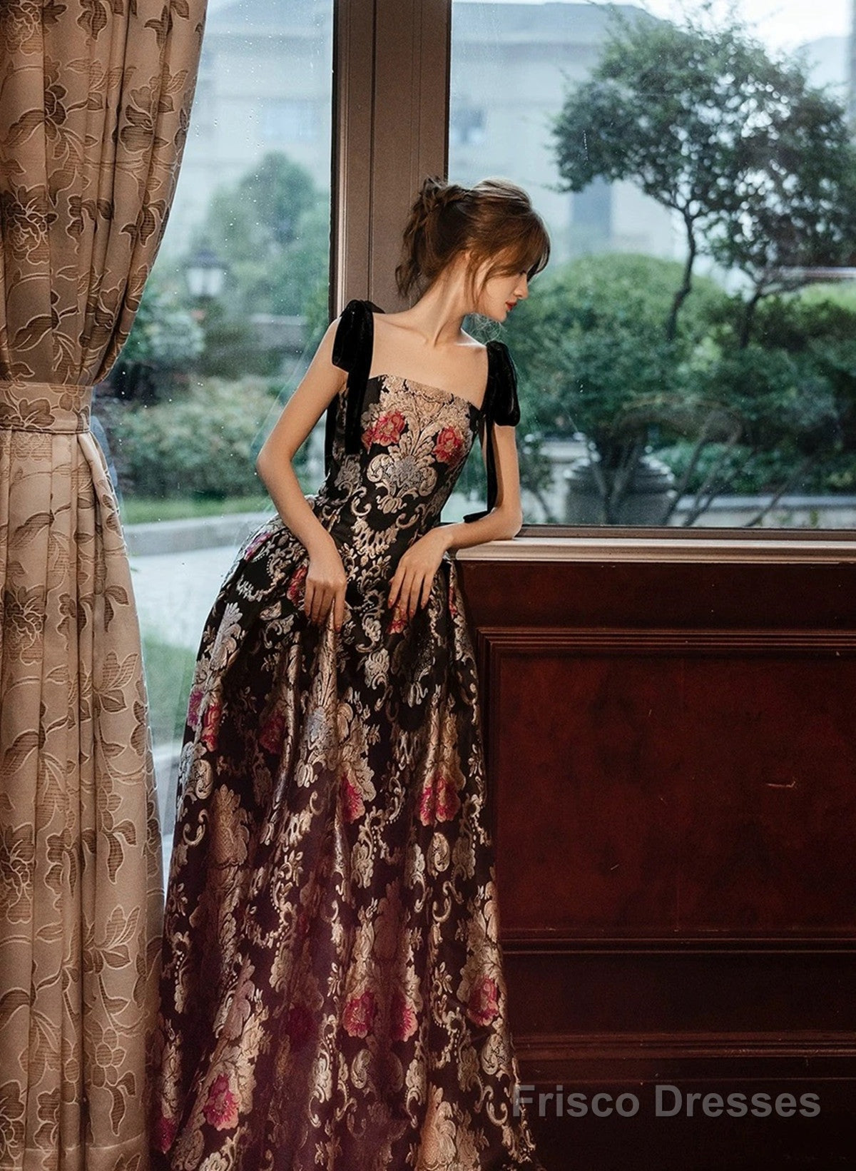 Black A-Line Floral Satin Straps Long Party Dress, Black Satin Prom Dress Secondary image