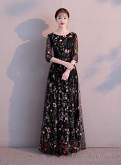 Black A-Line Floral Tulle Prom Dress Party Dress, Black Evening Formal Dress