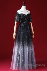 Black A-Line Gradient Tulle Short Sleeves Formal Prom Dress, Black Long Evening Dress