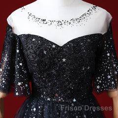 Black A-Line Gradient Tulle Short Sleeves Formal Prom Dress, Black Long Evening Dress