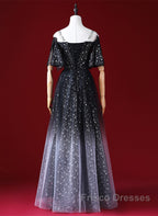 Black A-Line Gradient Tulle Short Sleeves Formal Prom Dress, Black Long Evening Dress