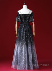 Black A-Line Gradient Tulle Short Sleeves Formal Prom Dress, Black Long Evening Dress