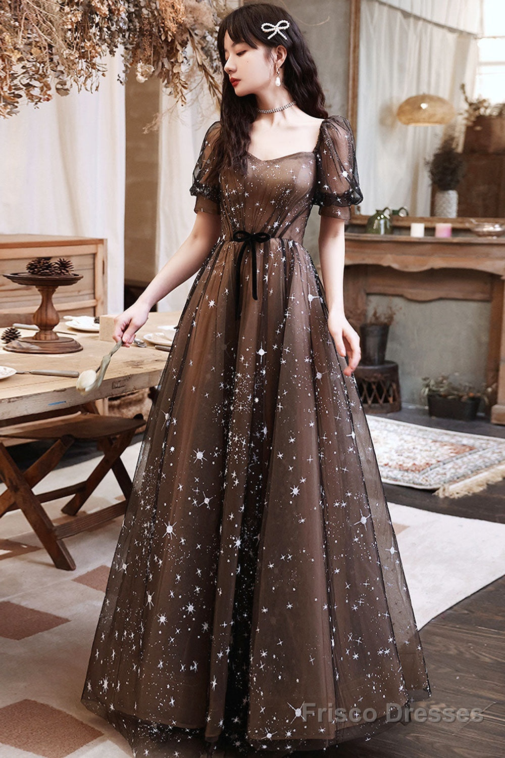 Black A-Line Lace Long Prom Dresses, Black Tulle Formal Evening Dress Main image