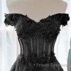 Black A-Line Lace Off Shoulder Tulle With Lace Formal Prom Dress, Black Long Evening Dress
