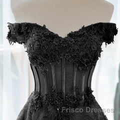Black A-Line Lace Off Shoulder Tulle With Lace Formal Prom Dress, Black Long Evening Dress