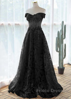 Black A-Line Lace Off Shoulder Tulle With Lace Formal Prom Dress, Black Long Evening Dress