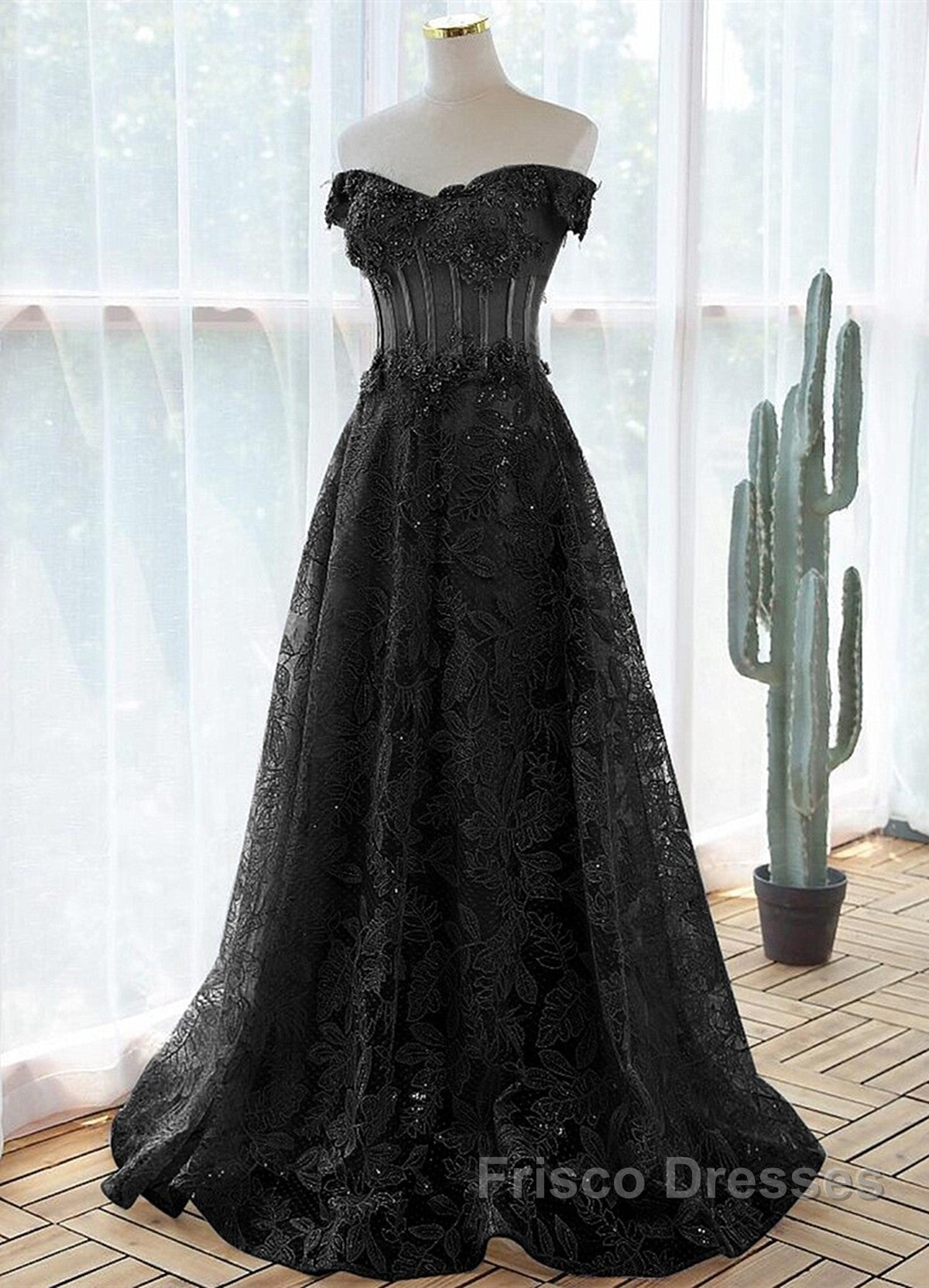 Black A-Line Lace Off Shoulder Tulle With Lace Formal Prom Dress, Black Long Evening Dress