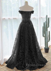 Black A-Line Lace Off Shoulder Tulle With Lace Formal Prom Dress, Black Long Evening Dress