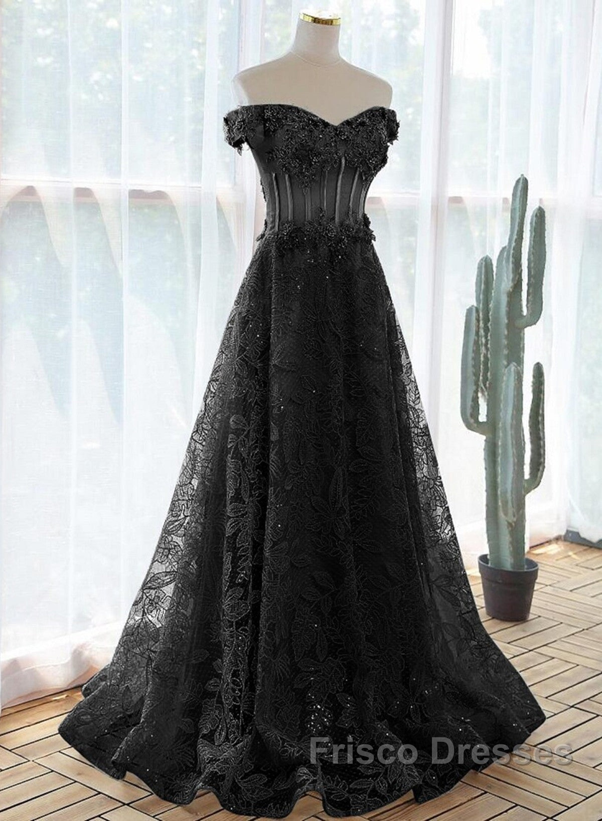 Black A-Line Lace Off Shoulder Tulle With Lace Formal Prom Dress, Black Long Evening Dress