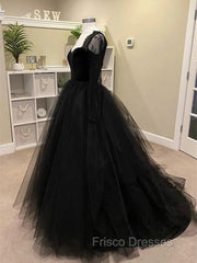 Black A-line Long Lace Sleeves Tulle Formal Dress, Black Formal Prom Dress Party Dress