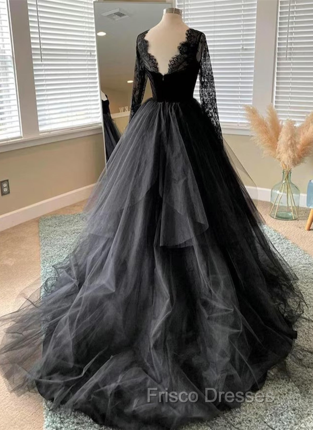 Black A-line Long Lace Sleeves Tulle Formal Dress, Black Formal Prom Dress Party Dress