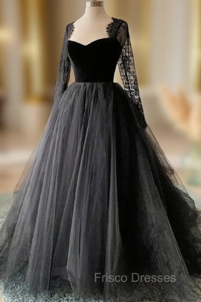 Black A-line Long Lace Sleeves Tulle Formal Dress, Black Formal Prom Dress Party Dress Main image