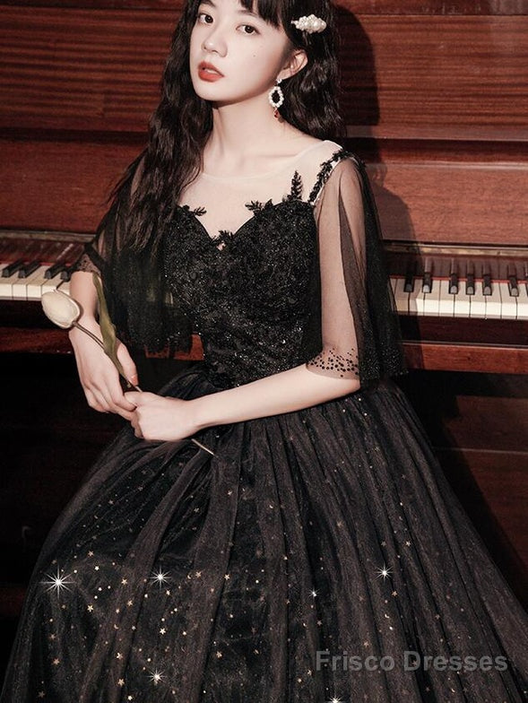 Black A-Line Long Party Dress With Lace, Black Floor Length Prom Dress Formal Dress Secondary image