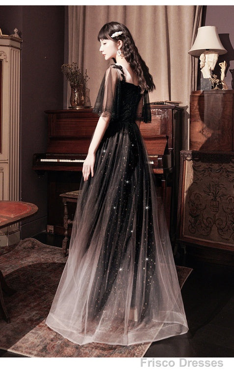Black A-Line Long Party Dress With Lace, Black Floor Length Prom Dress Formal Dress