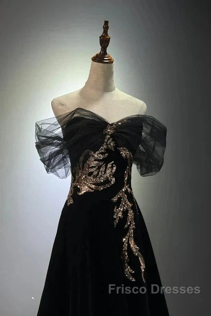 Black A-Line Off Shoulder Tulle Velvet Long Formal Prom Dress,Sequin Formal Evening Dress