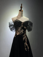 Black A-Line Off Shoulder Tulle Velvet Long Prom Dress,Sequin Formal Evening Dress