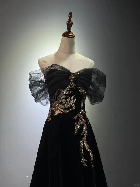 Black A-Line Off Shoulder Tulle Velvet Long Prom Dress,Sequin Formal Evening Dress