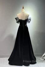 Black A-Line Off Shoulder Tulle Velvet Long Formal Prom Dress,Sequin Formal Evening Dress