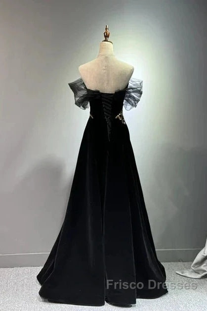 Black A-Line Off Shoulder Tulle Velvet Long Formal Prom Dress,Sequin Formal Evening Dress