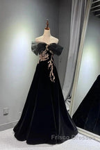 Black A-Line Off Shoulder Tulle Velvet Long Formal Prom Dress,Sequin Formal Evening Dress
