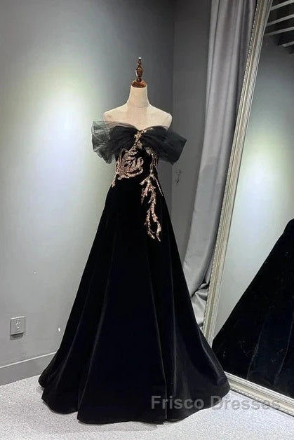 Black A-Line Off Shoulder Tulle Velvet Long Formal Prom Dress,Sequin Formal Evening Dress