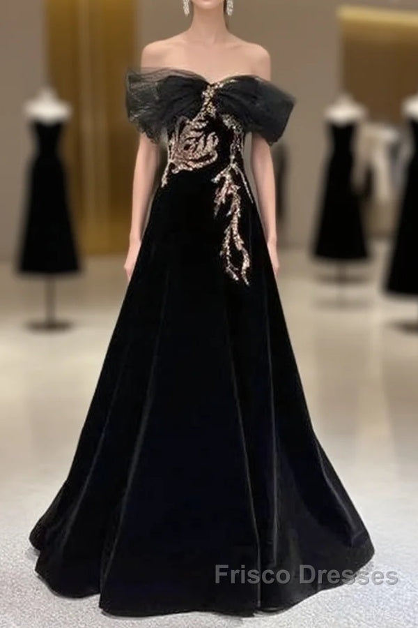 Black A-Line Off Shoulder Tulle Velvet Long Formal Prom Dress,Sequin Formal Evening Dress Main image