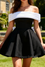 Black A-Line Off The Shoulder Short Homecoming Dress with Bow