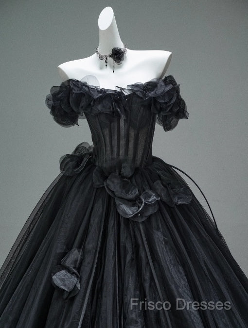 Black A-Line Off-The-Shoulder Tulle 3D Applique Long Formal Prom Dress,Adult Ceremony Graduation Formal Prom Dress Secondary image